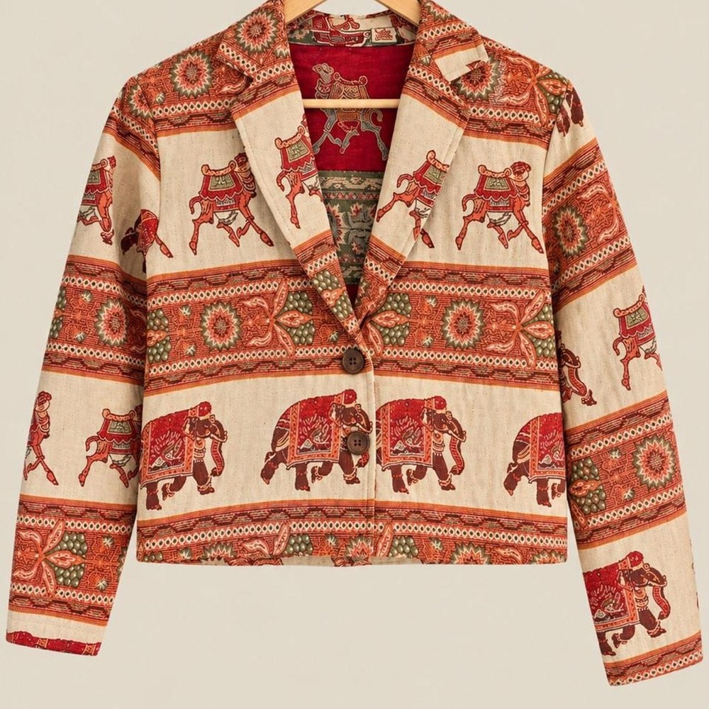New Identity Vintage Boho Elephant Camel Print Cropped Blazer Jacket Multi S